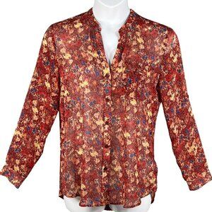 Kut From The Kloth Womens L Chiffon Sheer Floral Blouse Long Tab Sleeve Artsy